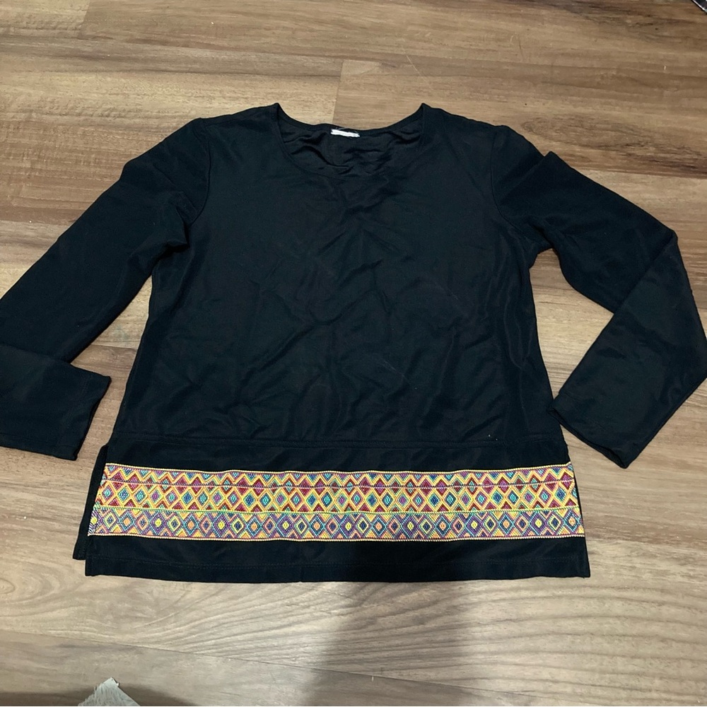 Vintage 90s Bohemian Black Viscose Long Sleeve Top